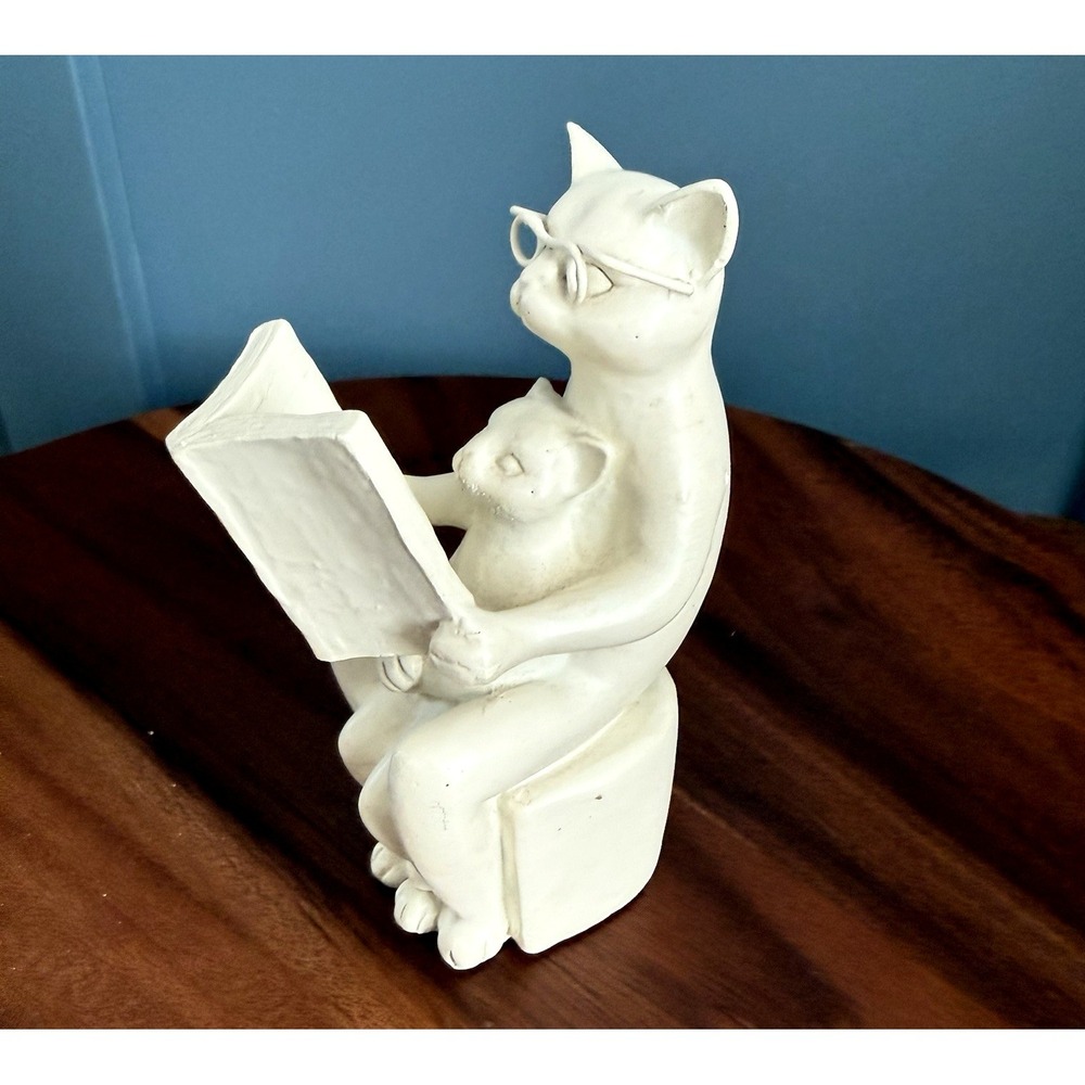 Cat Reading Figurine Kitten Mother's Day Teacher Gift Book Lover Decor Resin 6"
